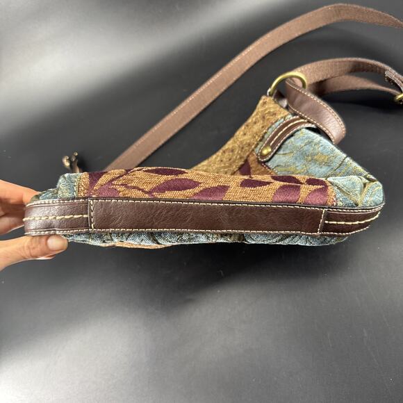 Vintage Fossil Tapestry Brown Purple & Blue Crossbody Purse Bag Leather Trim - Picture 11 of 14